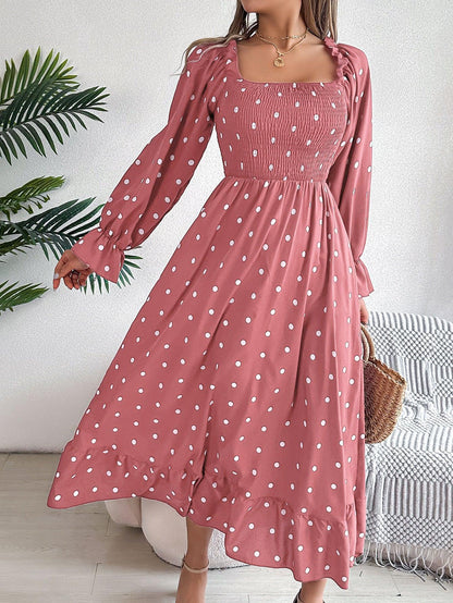 Casual Square Collar Polka Dot Swing Dress With Wooden Ears - HEPSIBAH SHOP