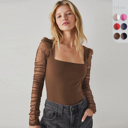 Square Collar Solid Color Lace Slim Fit Patchwork Top - HEPSIBAH SHOP