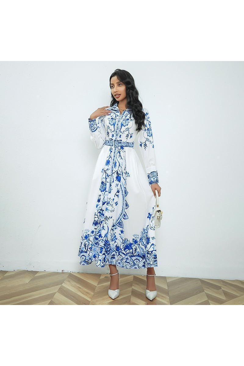 Real Shot Long Sleeve Stand Collar Retro Printed Dress - HEPSIBAH SHOP