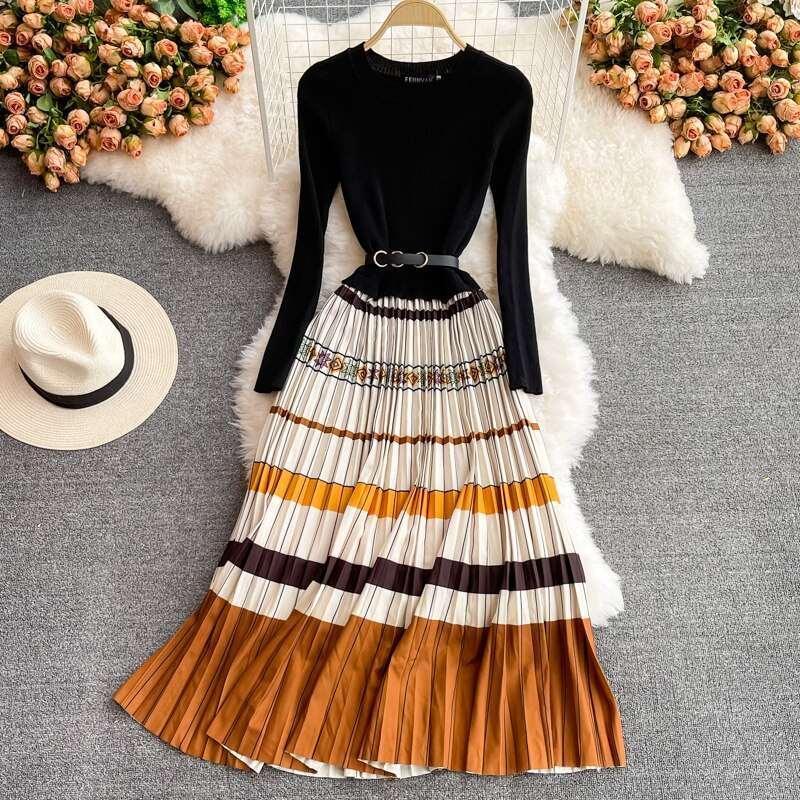 Elegant Knitted Patchwork Contrast Color Pleated Dress - HEPSIBAH SHOP