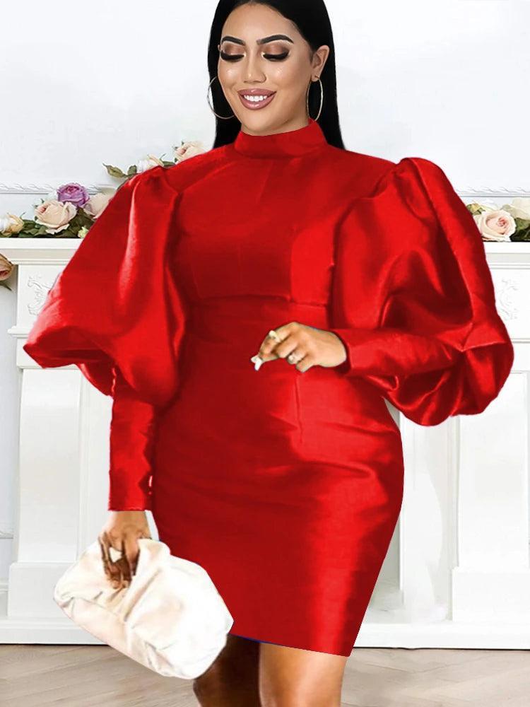 Red Dress Plus Size Long Lantern Sleeve - HEPSIBAH SHOP