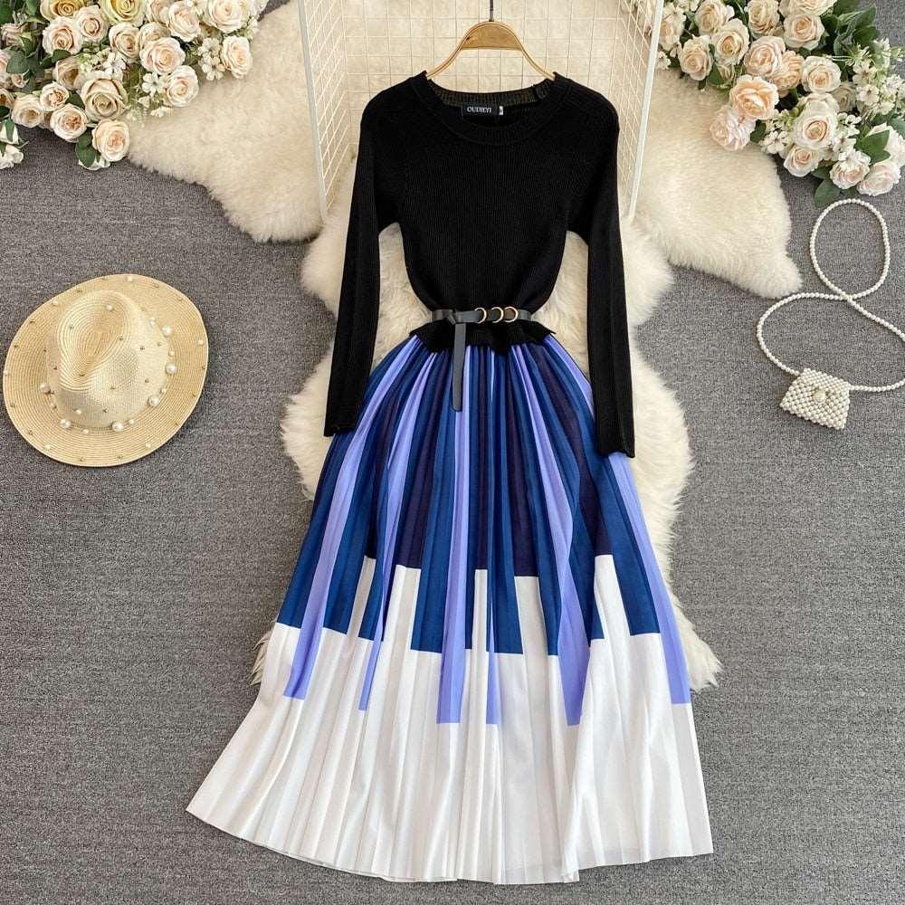 Elegant Knitted Patchwork Contrast Color Pleated Dress - HEPSIBAH SHOP