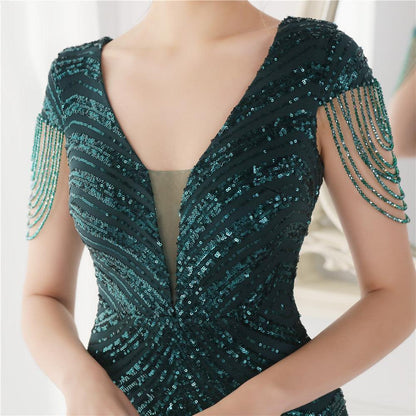 Sequined Evening Gown Green Beaded - HEPSIBAH SHOP