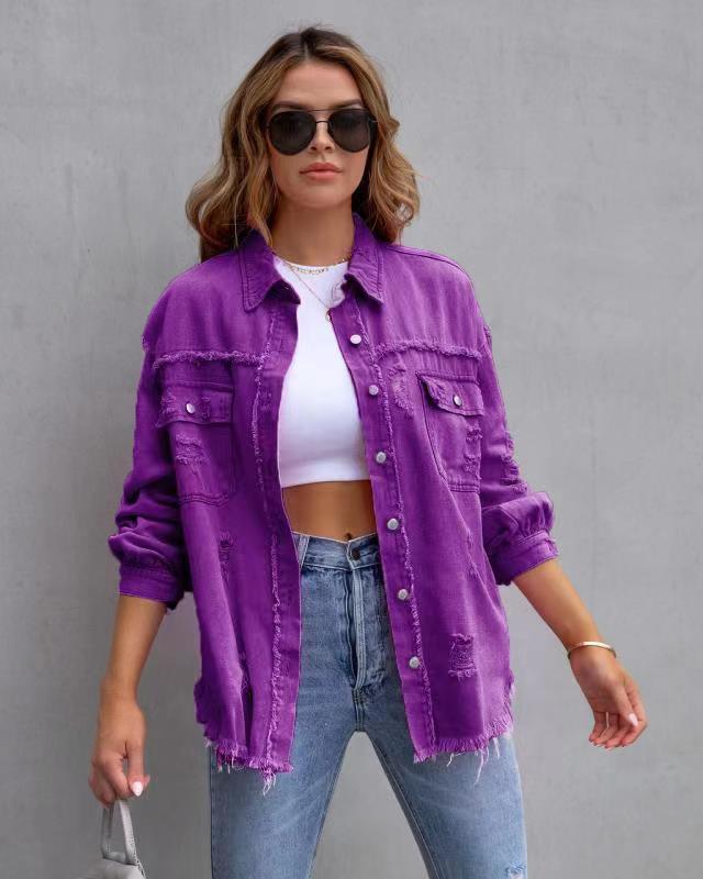 Fashion Ripped Shirt Jacket Female Autumn And Spring Casual Tops Womens Clothing - HEPSIBAH SHOP