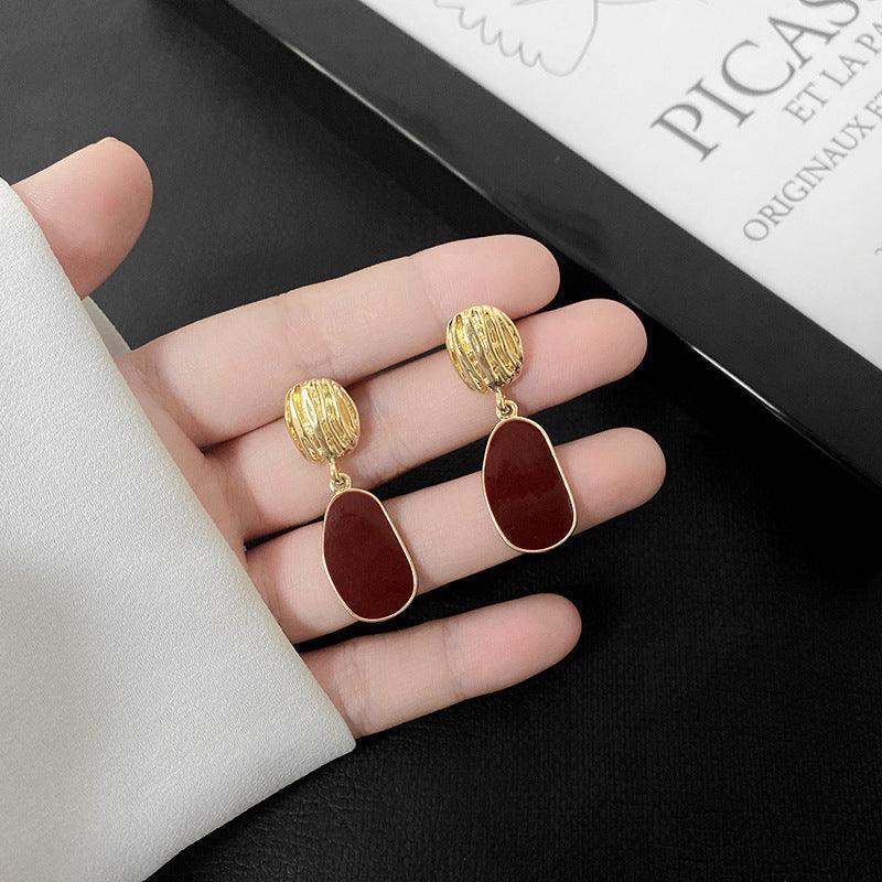 Burgundy Geometric Piece Unique Design Hong Kong Style Earrings - HEPSIBAH SHOP