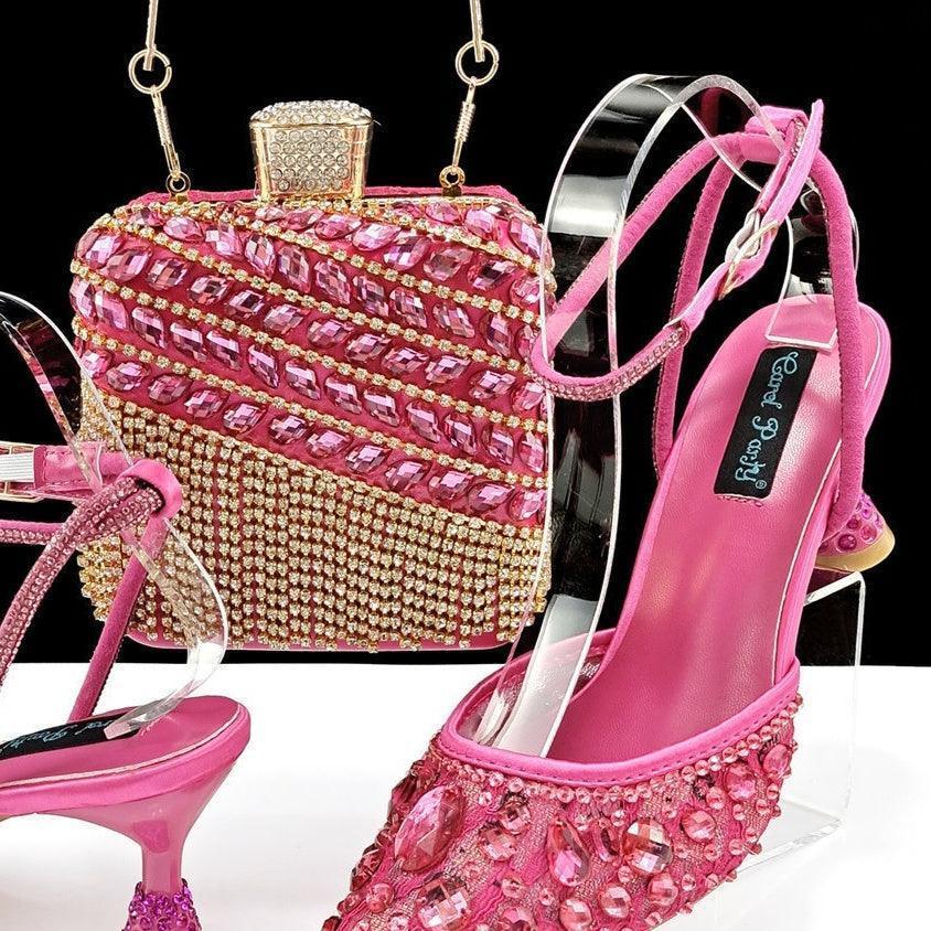 Large Rhinestone High Heel Sandals Three-dimensional Tassel Handbag Set - HEPSIBAH SHOP