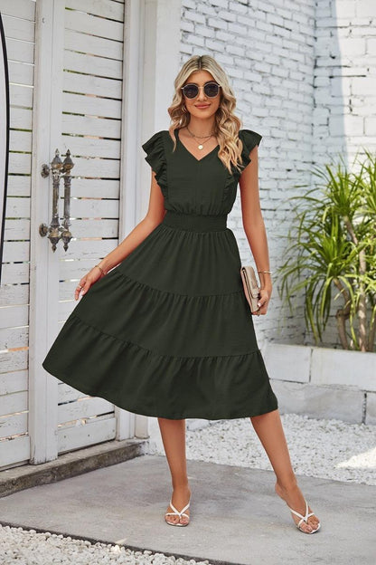 New Ruffled Sleeveless V-Neck Dress Summer Fashion Elastic Waist A-Line Dresses For Womens Clothing - HEPSIBAH SHOP