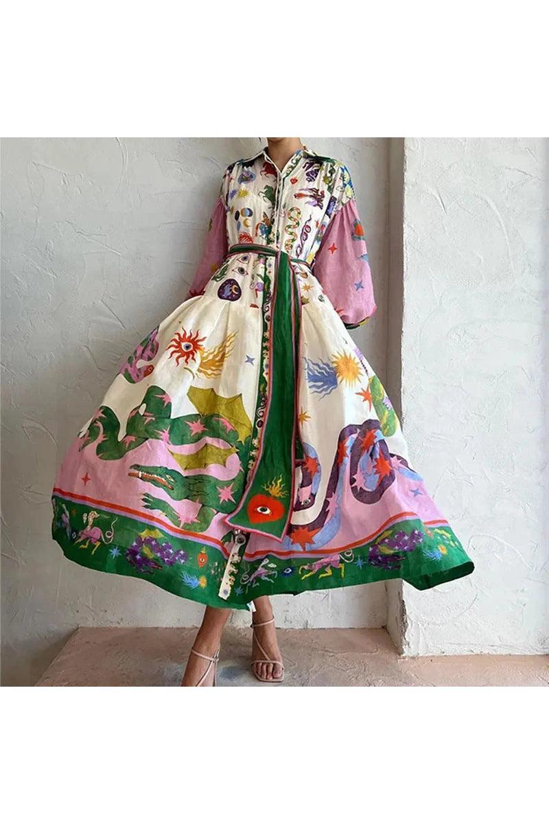 Elegant Lantern Sleeve Printed Long Lapel And Waist Tight Long Sleeve Dress - HEPSIBAH SHOP