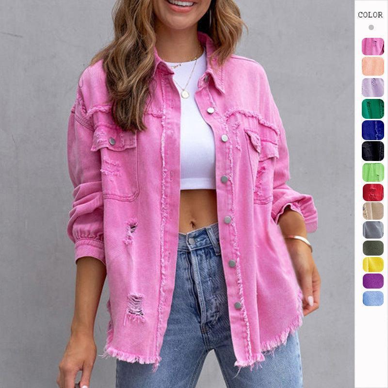 Fashion Ripped Shirt Jacket Female Autumn And Spring Casual Tops Womens Clothing - HEPSIBAH SHOP