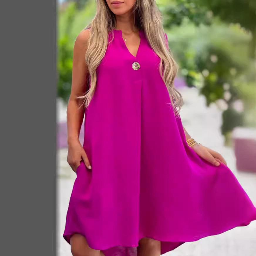 Summer V-neck Sleeveless Dress With Button Decoration Solid Color Casual Loose Straight Dresses Womens Clothing - HEPSIBAH SHOP