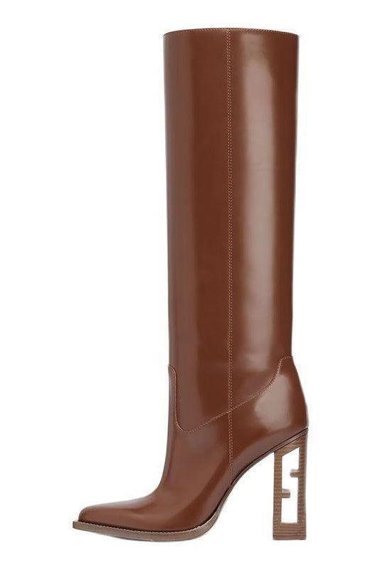 Square Toe Hollow-out Chunky Heel Cowhide Commuter Long Fashion Boots - HEPSIBAH SHOP