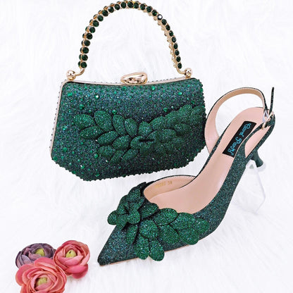 Cross-border Ladies Party Shoes Bag Set Handmade Leaf Decorative Wine Glass Heel - HEPSIBAH SHOP