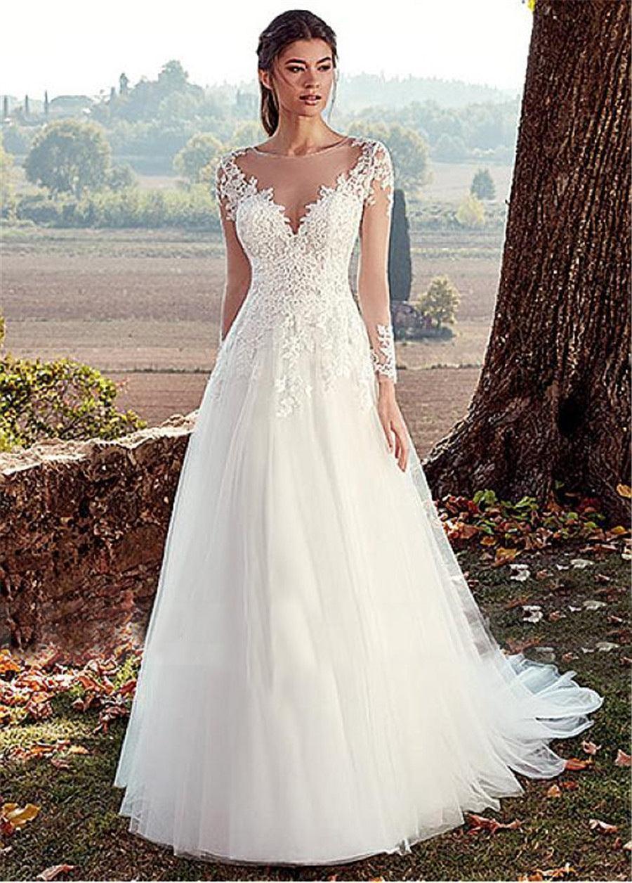 Lace Long Sleeve A- Line Long Tail Wedding Dress - HEPSIBAH SHOP