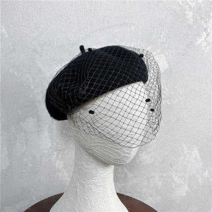 Vintage French Mesh Veil Pom Pom Versatile Wool Beret - HEPSIBAH SHOP