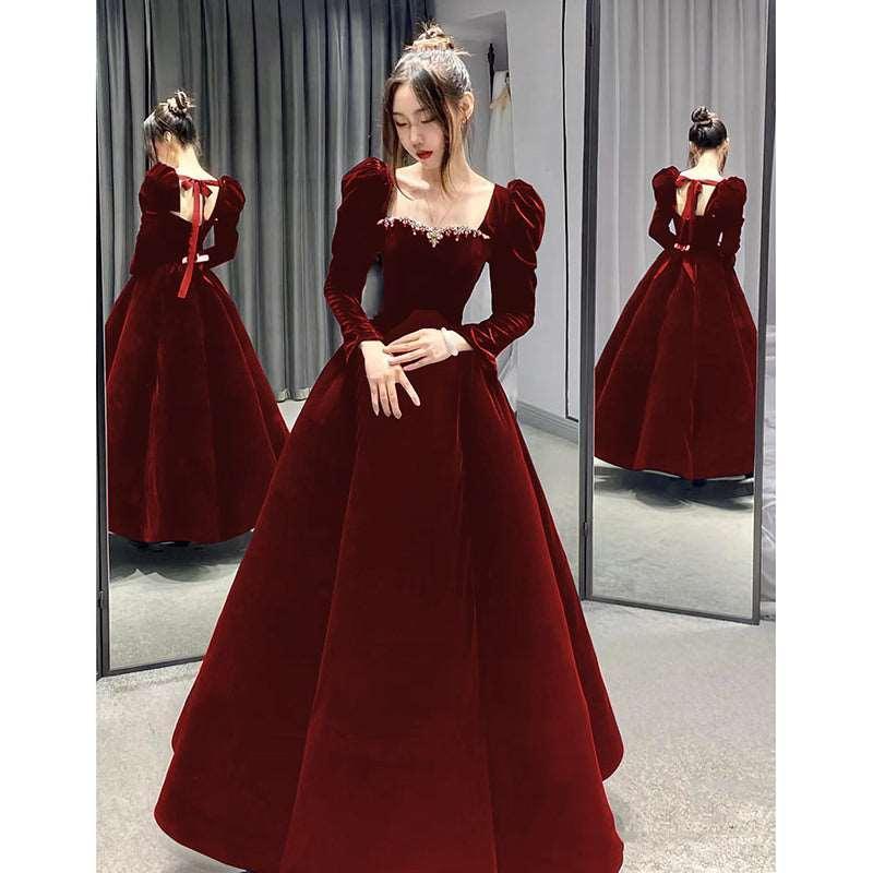 Atmospheric Red Long-sleeved Evening Dress - HEPSIBAH SHOP