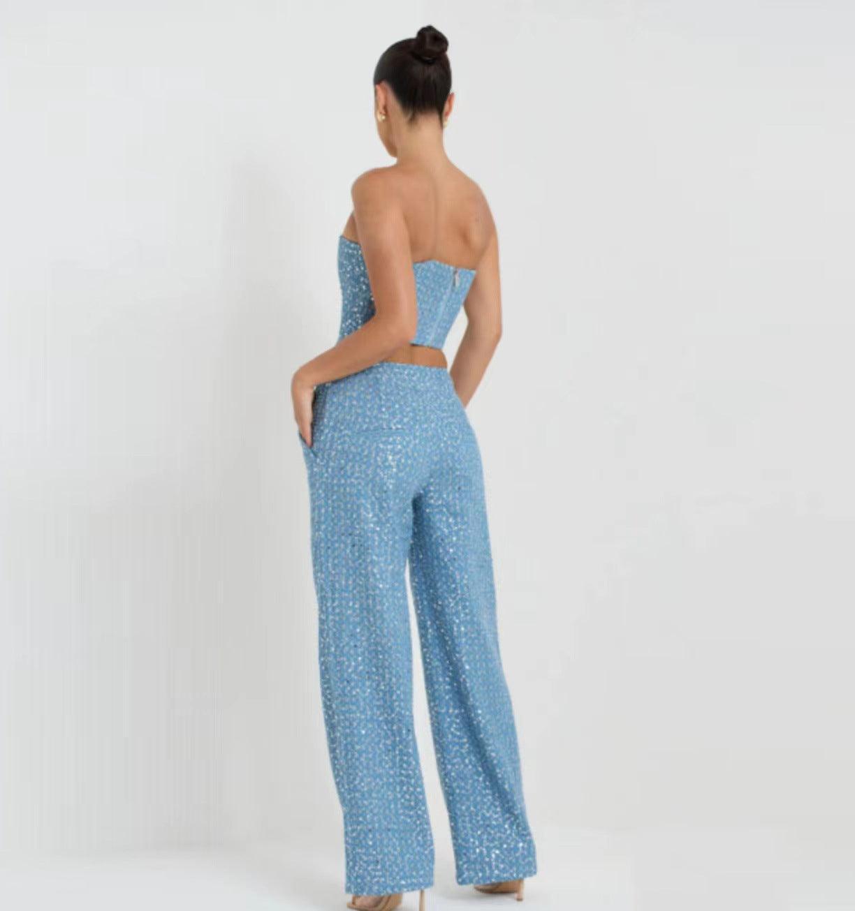 Fashion Denim Sequined Tube Top Wide Leg Pants Suit - HEPSIBAH SHOP