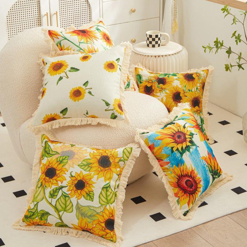 Tassel Sunflower Linen Printed Pillowcase Home Bedroom Bedside Soft Upholstery Pillow Home Couch