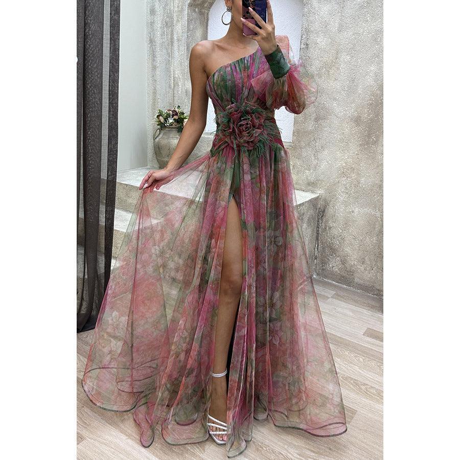 Mesh Tie-dye Printed Off-shoulder Slit Dress Summer INS Fashion Long Dress Party Womens Clothing - HEPSIBAH SHOP