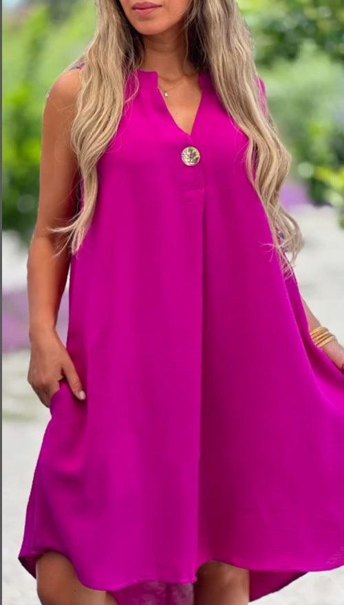 Summer V-neck Sleeveless Dress With Button Decoration Solid Color Casual Loose Straight Dresses Womens Clothing - HEPSIBAH SHOP