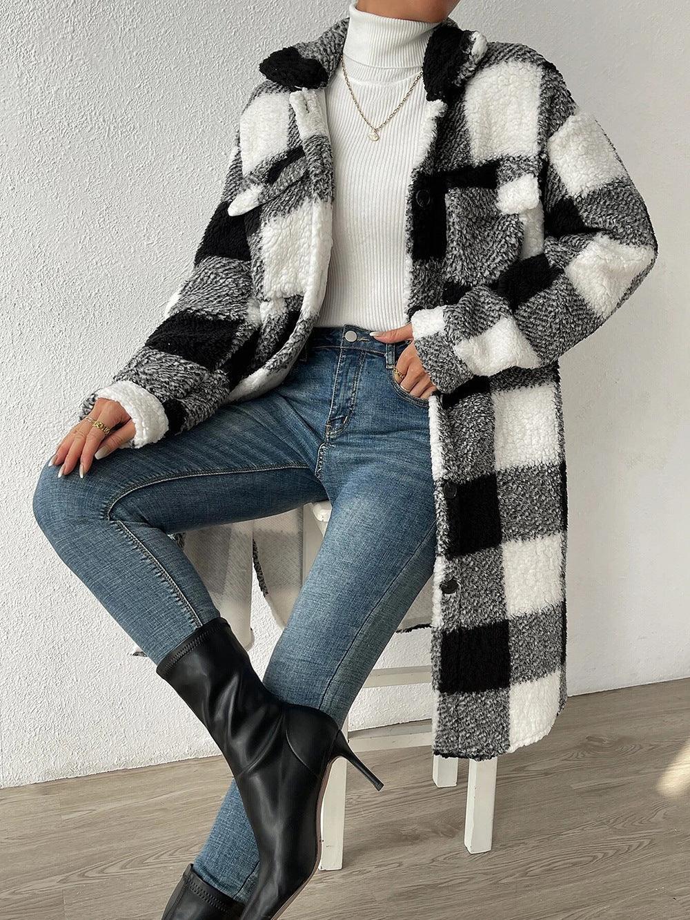 Button Lapel Plush Plaid Coat Loose - HEPSIBAH SHOP