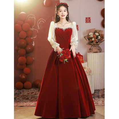 Atmospheric Red Long-sleeved Evening Dress - HEPSIBAH SHOP