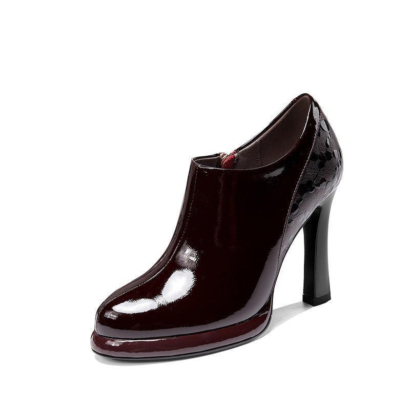 Spring And Autumn French Leather Waterproof Burgundy High Heels - HEPSIBAH SHOP