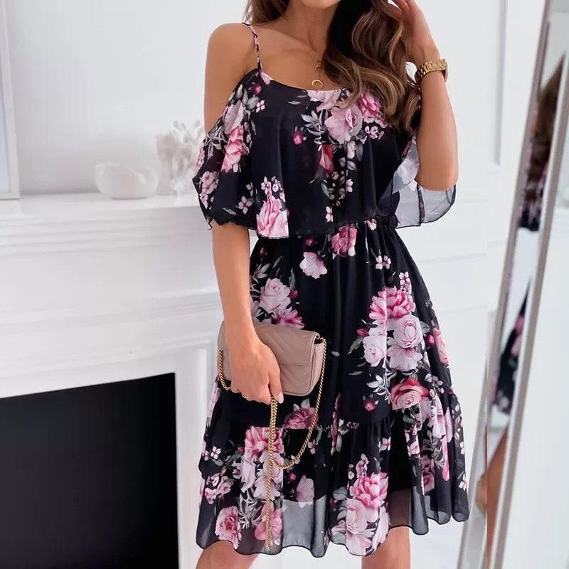 Flower Printed Ruffled Suspender Dress Summer Off-the-shoulder Strap Dresses Women - HEPSIBAH SHOP