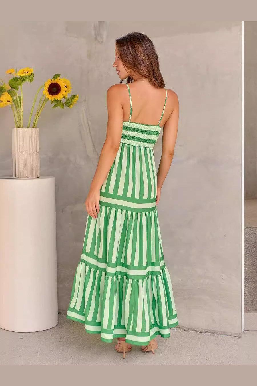 Summer Striped Printed Suspender Long Dress With Pockets Fashion Square Neck Backless Dresses For Beach Vacation Women Clothing - HEPSIBAH SHOP