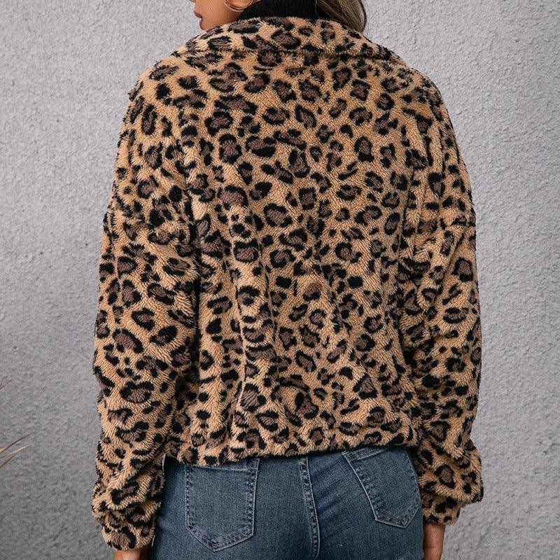 Ladies Leopard Print Lapel Zip Furry Jacket - HEPSIBAH SHOP