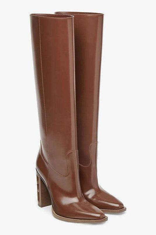 Square Toe Hollow-out Chunky Heel Cowhide Commuter Long Fashion Boots - HEPSIBAH SHOP