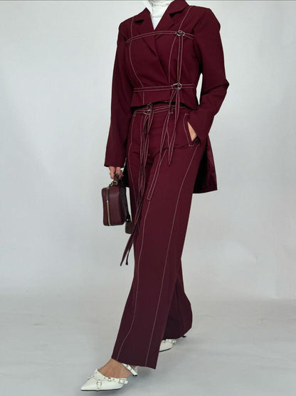 Burgundy Lace-up Top & High-waisted Pants Set - HEPSIBAH SHOP