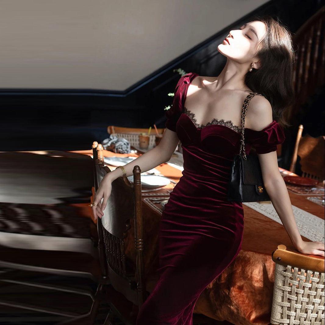 Elegant Velvet Lace Burgundy Annual Meeting Burgundy Dress - HEPSIBAH SHOP