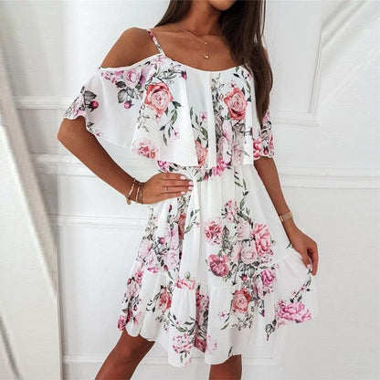 Flower Printed Ruffled Suspender Dress Summer Off-the-shoulder Strap Dresses Women - HEPSIBAH SHOP