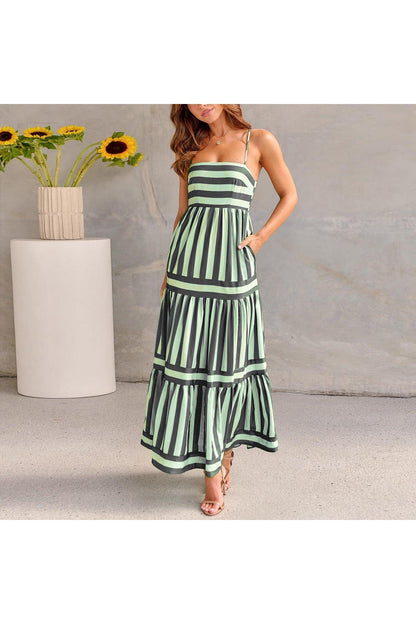 Summer Striped Printed Suspender Long Dress With Pockets Fashion Square Neck Backless Dresses For Beach Vacation Women Clothing - HEPSIBAH SHOP