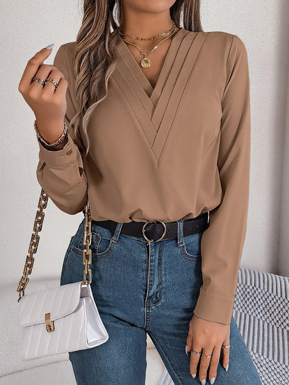 Fashion V-Neck Long Sleeve Shirt Elegant Commuter Solid Blouse Office Women's Clothing - HEPSIBAH SHOP