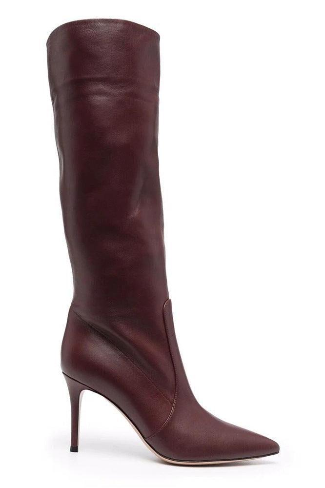 Burgundy PU Plus Size Pointed Toe Knee-length Boots - HEPSIBAH SHOP