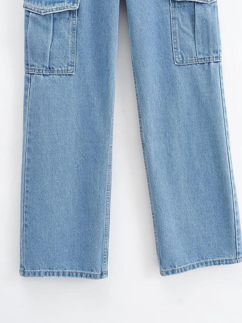 Washed Blue Pocket Decorated High Waist Wide-leg Jeans Women Casual Jeans - HEPSIBAH SHOP