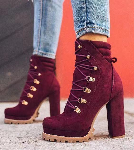 Heeled Boots For Women Round Toe Lace Up - HEPSIBAH SHOP