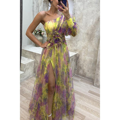 Mesh Tie-dye Printed Off-shoulder Slit Dress Summer INS Fashion Long Dress Party Womens Clothing - HEPSIBAH SHOP