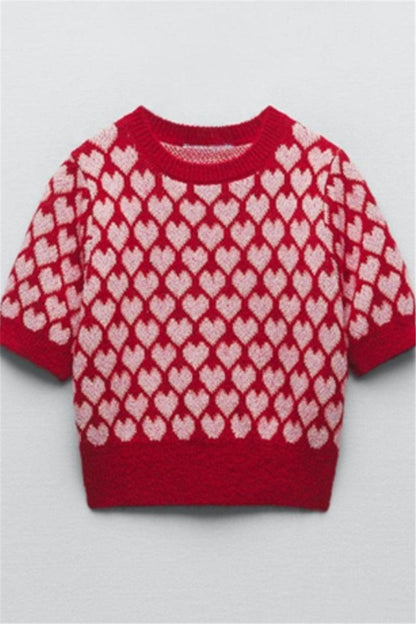 Sweet Red Heart-shaped Round Neck Sweater - HEPSIBAH SHOP