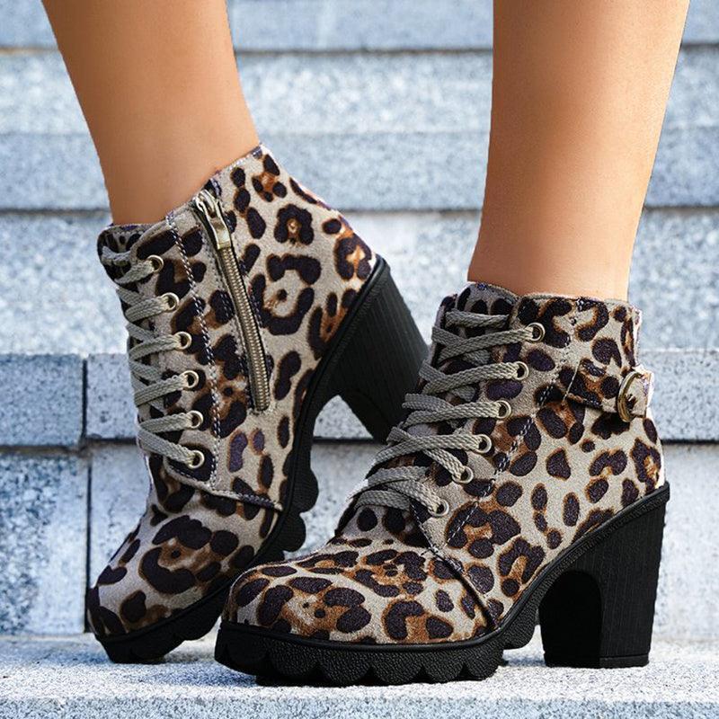 Fashoin Leopard Print Ankle Boots Winter Square Heel Suede Lace-up Zip Boots Women Casual Versatile Shoes Autumn And Winter - HEPSIBAH SHOP