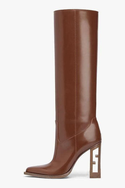 Square Toe Hollow-out Chunky Heel Cowhide Commuter Long Fashion Boots - HEPSIBAH SHOP