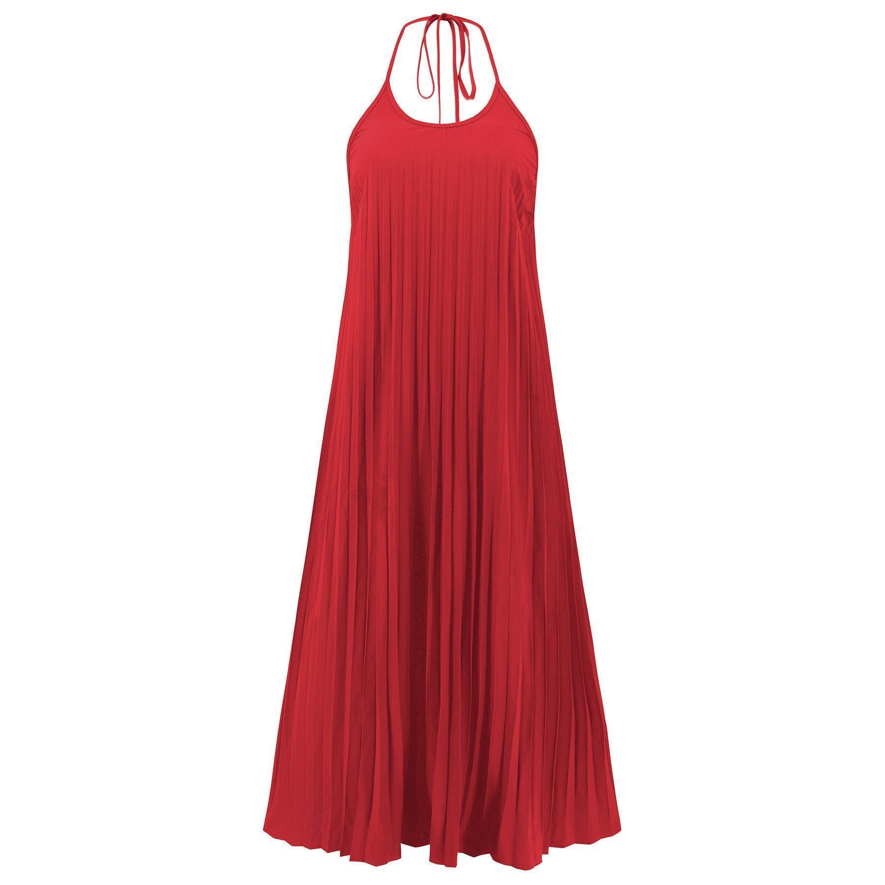 Fashion A-line Pleated Suspender Long Dress Summer Casual Loose Beach Vacation Dresses Womens Clothing - HEPSIBAH SHOP