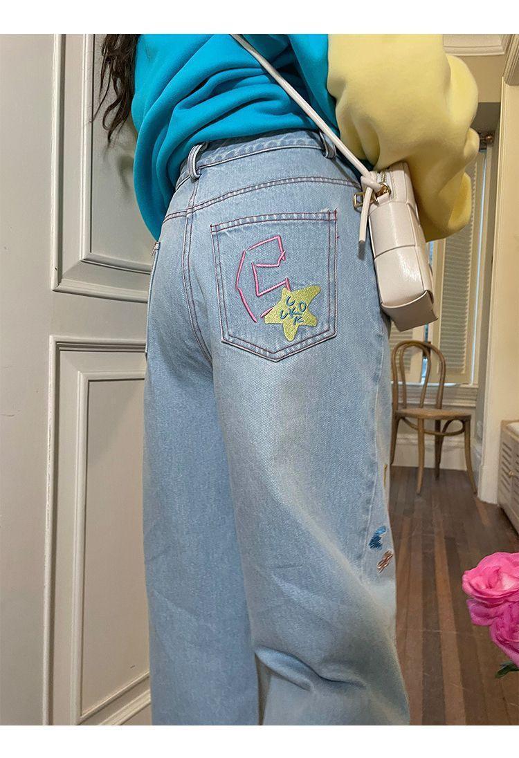 American Colored Embroidered Light Blue Jeans - HEPSIBAH SHOP