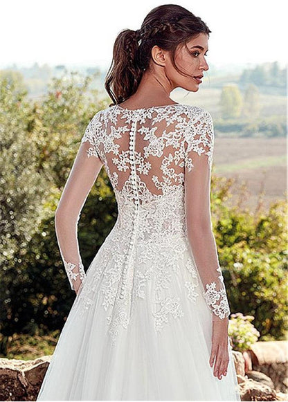 Lace Long Sleeve A- Line Long Tail Wedding Dress - HEPSIBAH SHOP