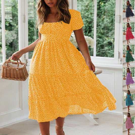 Square Collar Short Sleeve Dress Summer Puff Floral Printed Dress Long Dresses - HEPSIBAH SHOP