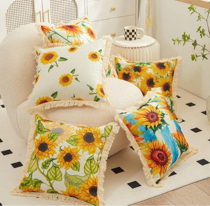 Tassel Sunflower Linen Printed Pillowcase Home Bedroom Bedside Soft Upholstery Pillow Home Couch