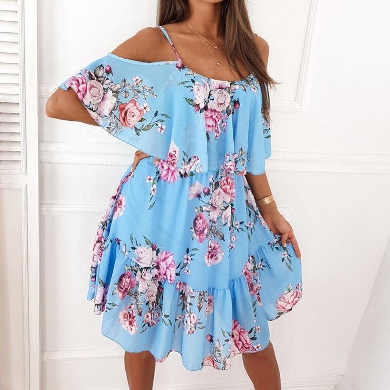 Flower Printed Ruffled Suspender Dress Summer Off-the-shoulder Strap Dresses Women - HEPSIBAH SHOP