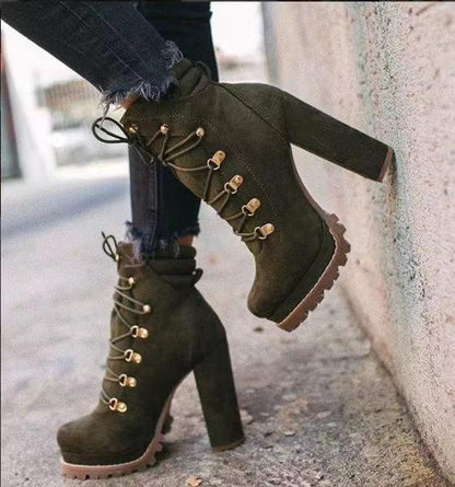 Heeled Boots For Women Round Toe Lace Up - HEPSIBAH SHOP