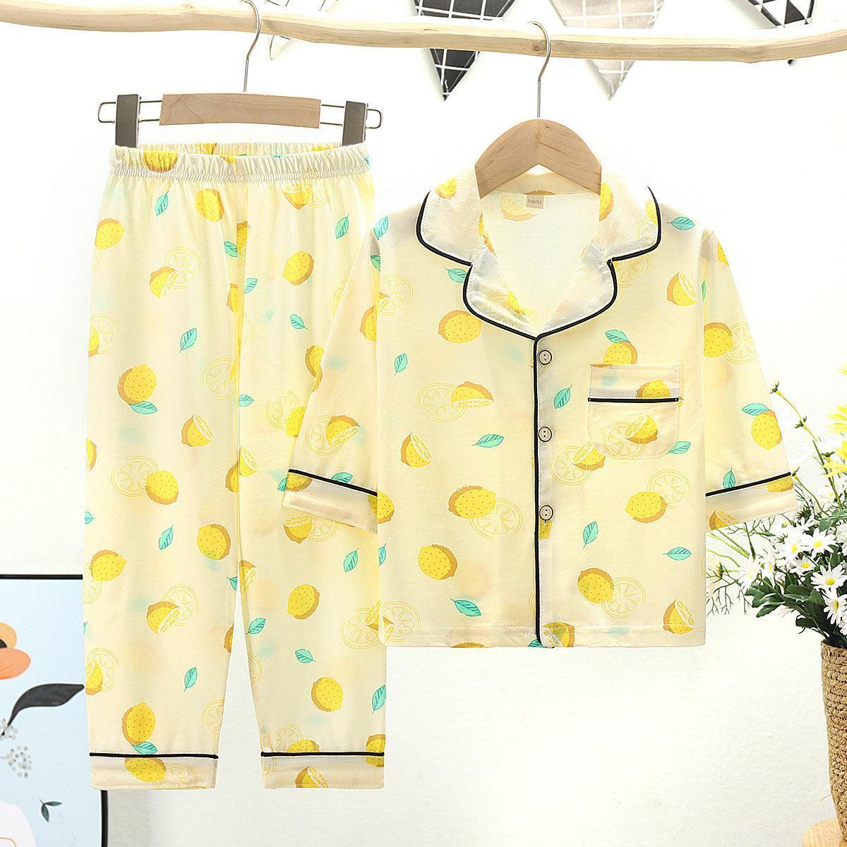 Cotton Kids Lapel Pajamas Set With Three Quarter Sleeves